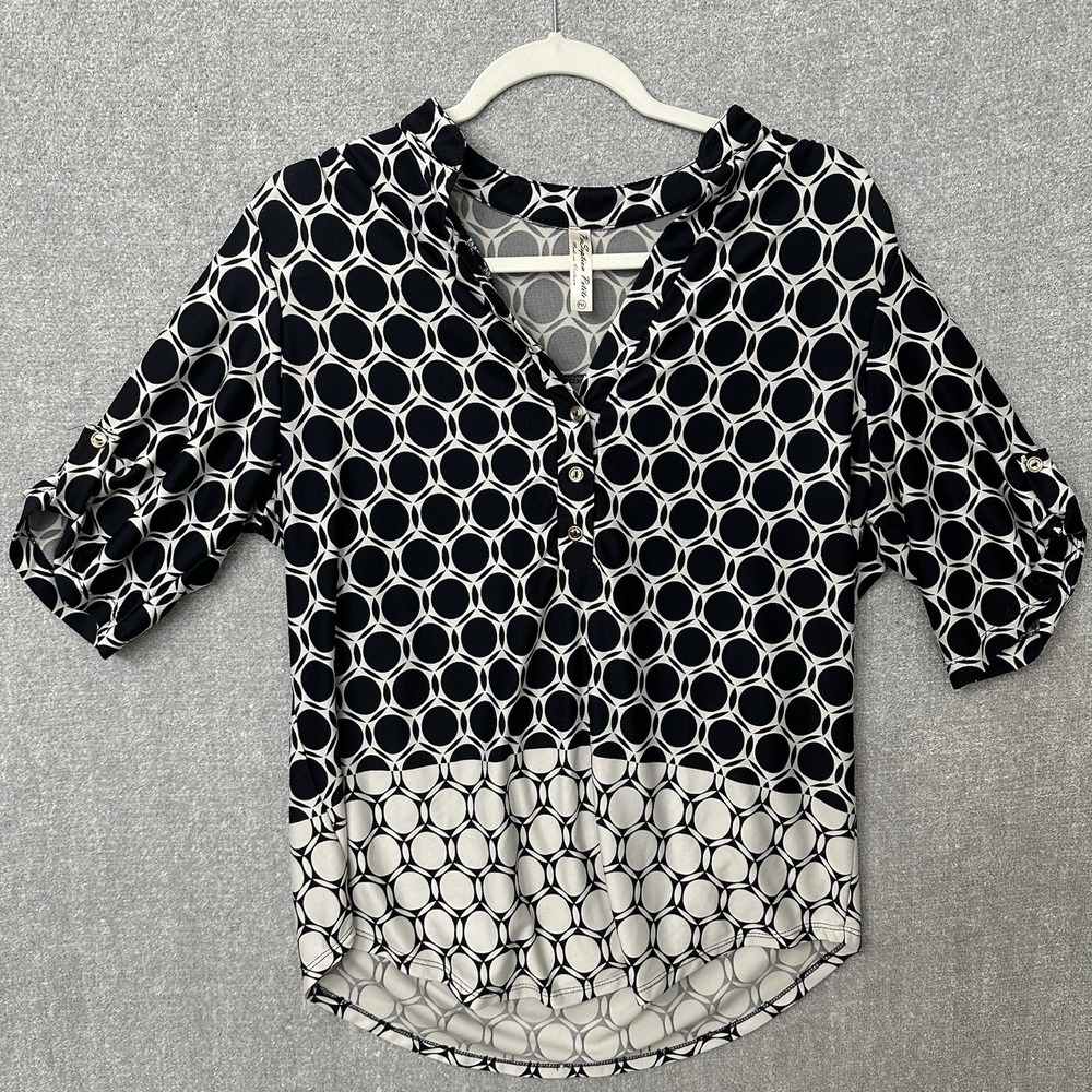 Per Seption Petite Size PXL  3/4 Sleeve Blue & White Geometric Pattern Business